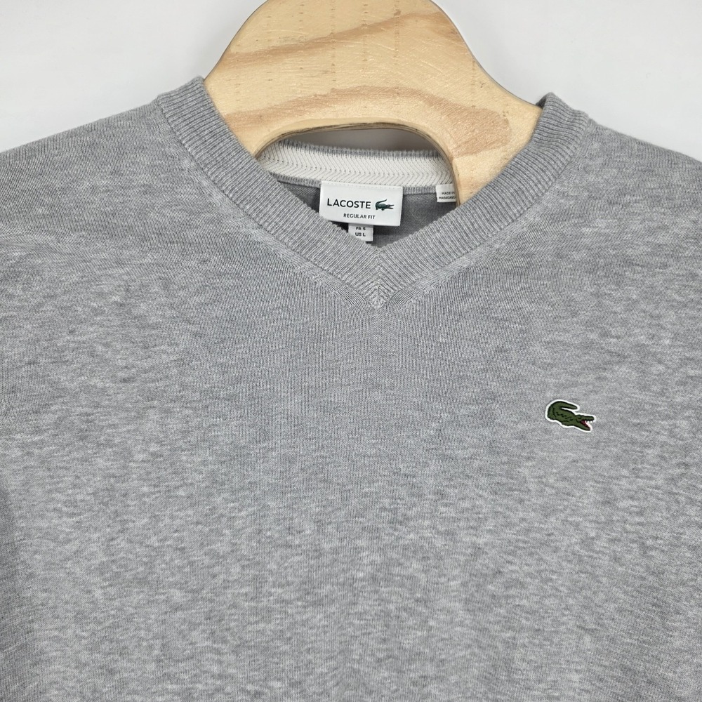 Lacoste Men Sweater Large V-Neck Heather Gray Cotton Knit FR 5 Preppy Cotton